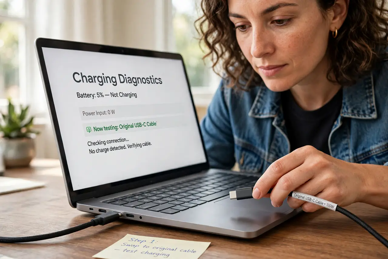 A person performing the first step: Swap in the original cable first. It is the fastest diagnosis there is. If charging.