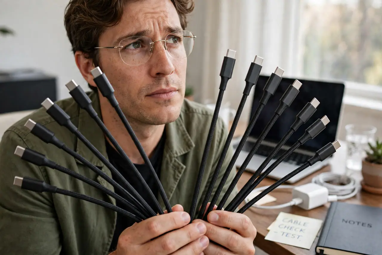 A person holding several real USB-C cables fanned out, the person's face thoughtful, a laptop and charger on the desk