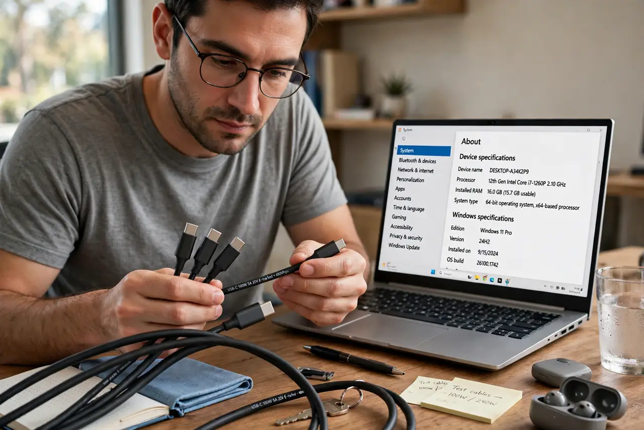 a person holding several real USB-C cables, examining the tiny printed ratings on one, a real laptop nearby, the person's face focused, desk. No black screen, no blank white screen.