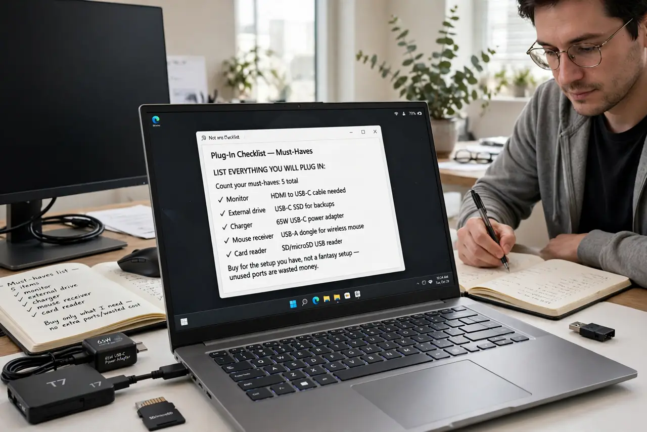 A person performing the first step of the guide: List everything you will plug in. Count your must-haves: monitor, external drive, charger, mouse receiver.