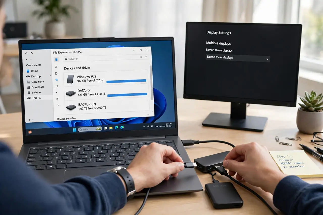 A person's hands connecting cables to a USB-C hub next to a laptop on a desk, monitor and external drive visible, bright office lighting. No black.