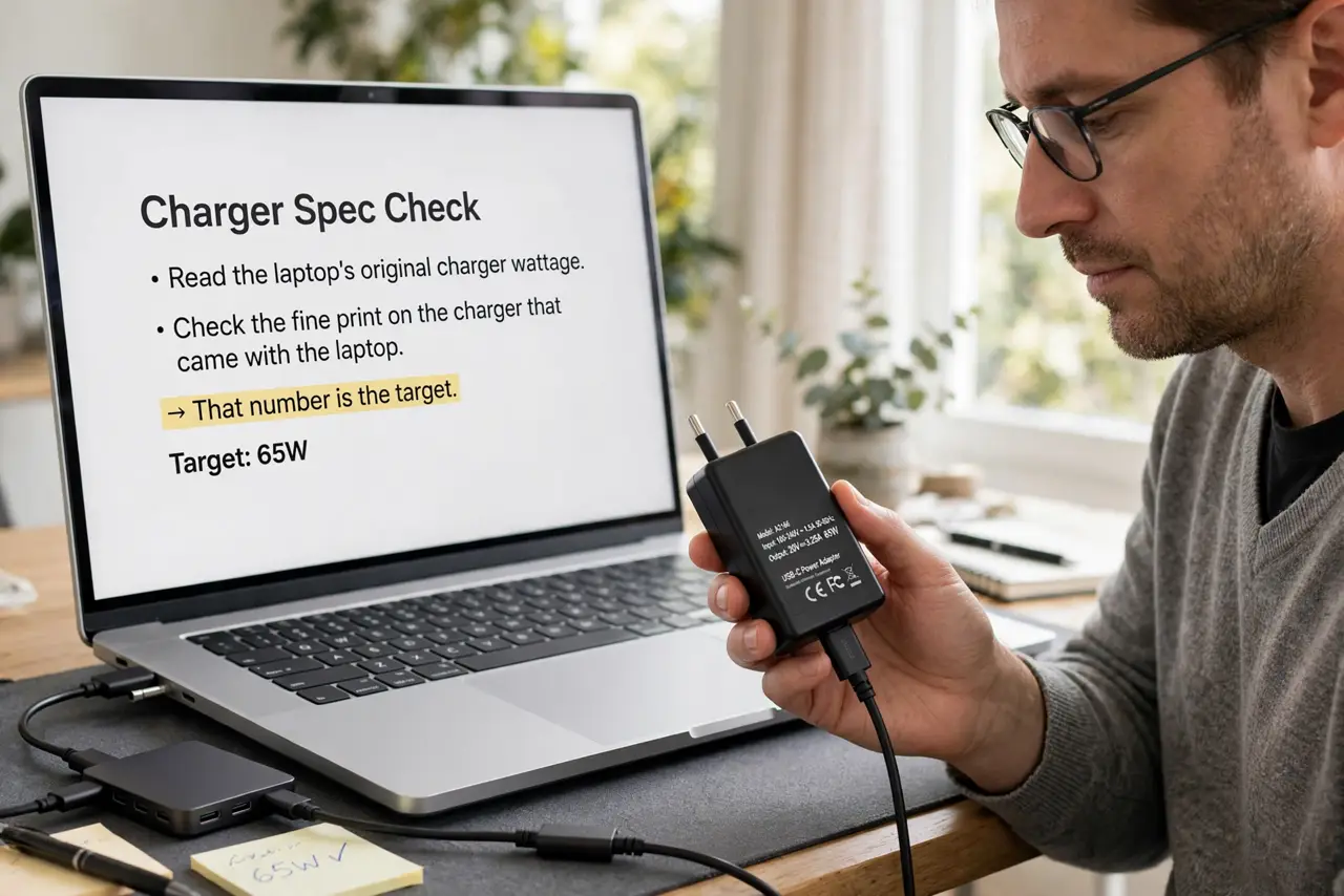 A person performing step 1 of the guide: Read the laptop's original charger wattage. Check the fine print on the charger that came with the laptop. That number is the target:...