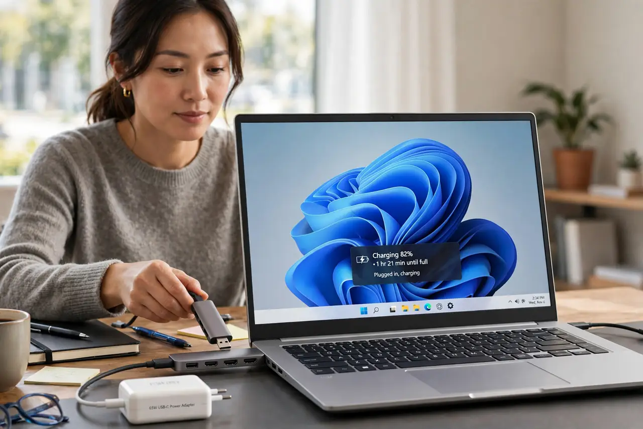 a calm adult at a desk connecting a real laptop to a USB-C hub with a charger plugged in, the laptop screen showing a normal charging indicator with legible text