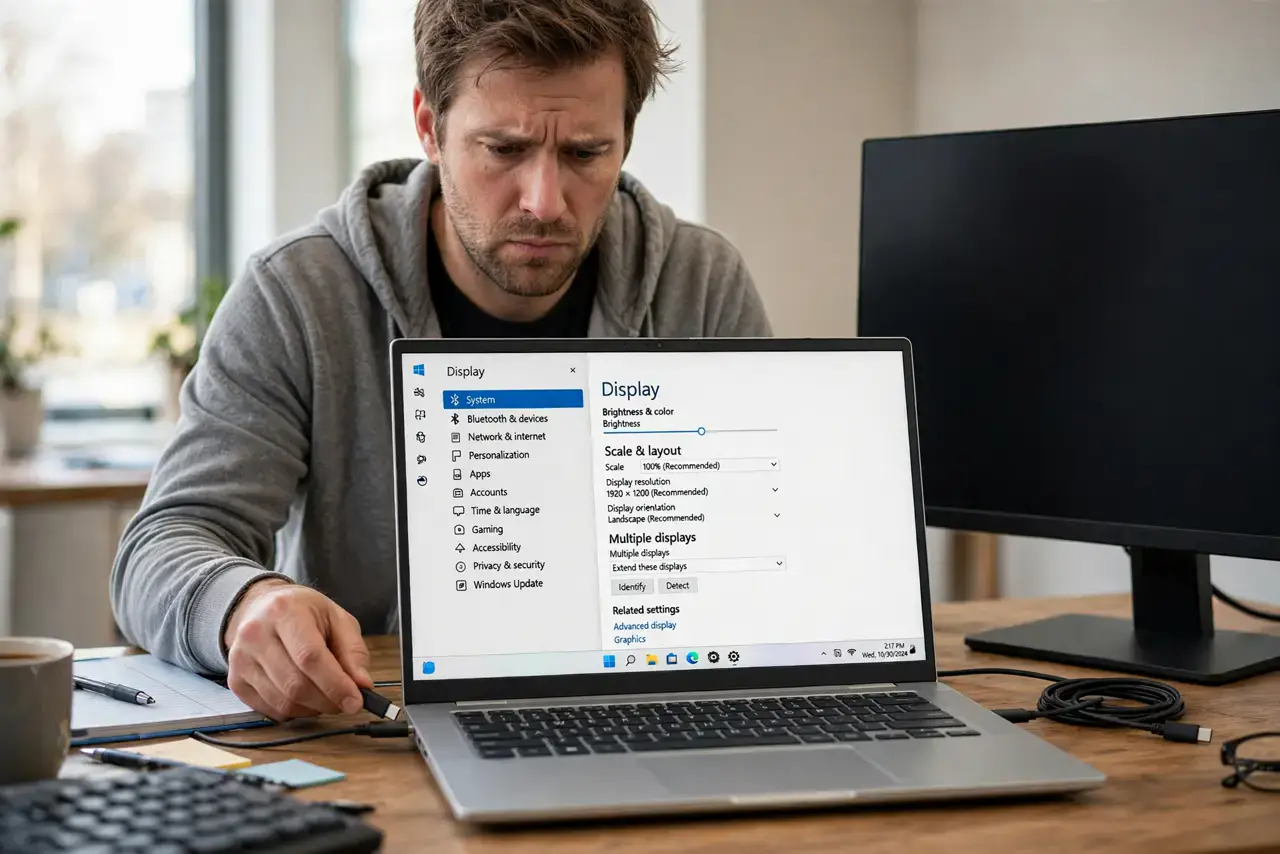 USB-C Monitor Not Detected — a puzzled adult at a desk plugging a USB-C cable into a real laptop next to a dark monitor, the laptop screen
