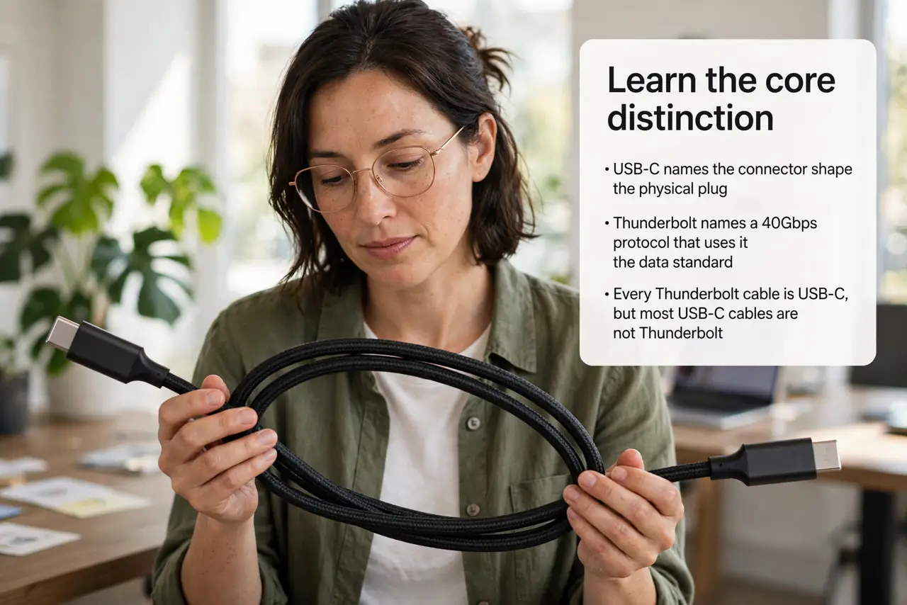 A person performing step 1: Learn the core distinction. USB-C names the connector shape; Thunderbolt names a 40Gbps protocol that uses it.