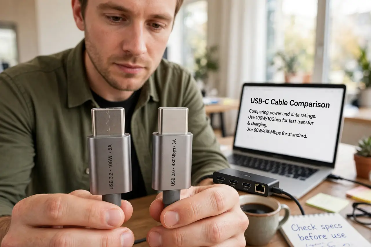 A person holding two real USB-C cables side by side with the connector markings visible and legible, a laptop and dock on a desk behind, the person's face.