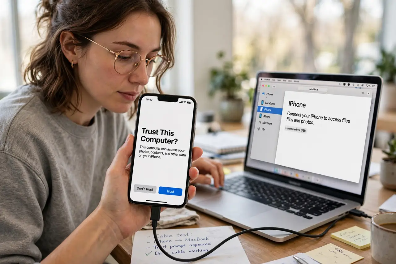 A person performing step 1 of the guide: Test with a phone and a computer. Connect a phone to a computer with the mystery cable. A data cable triggers a trust prompt or file...