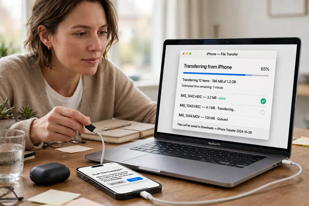 a calm adult at a desk plugging a real USB cable from a phone into a laptop, the laptop screen showing a normal file transfer window with legible text, the person watching the transfer