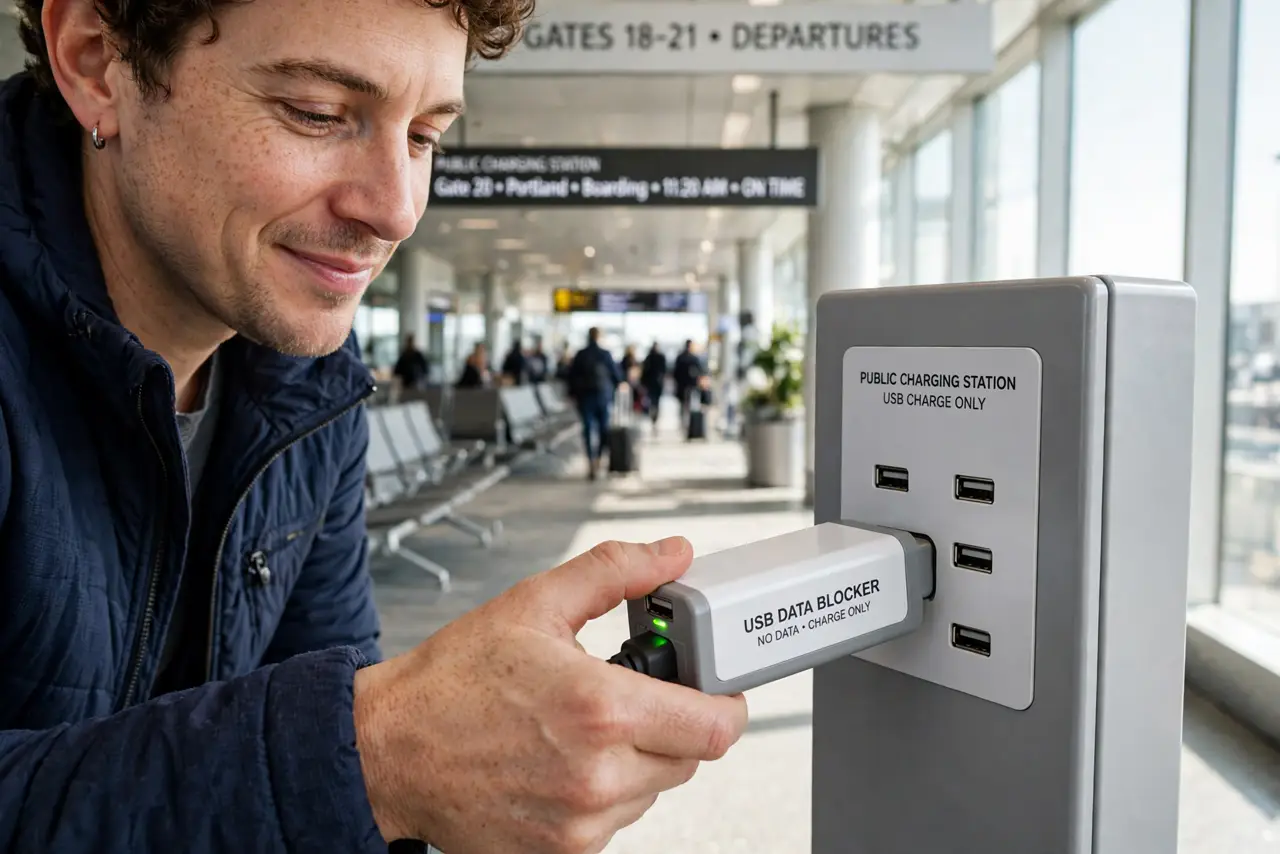 a person plugging a small real USB data blocker into a public charging port at an airport, the blocker clearly visible, the person's face reassured, bright terminal. No black scree.