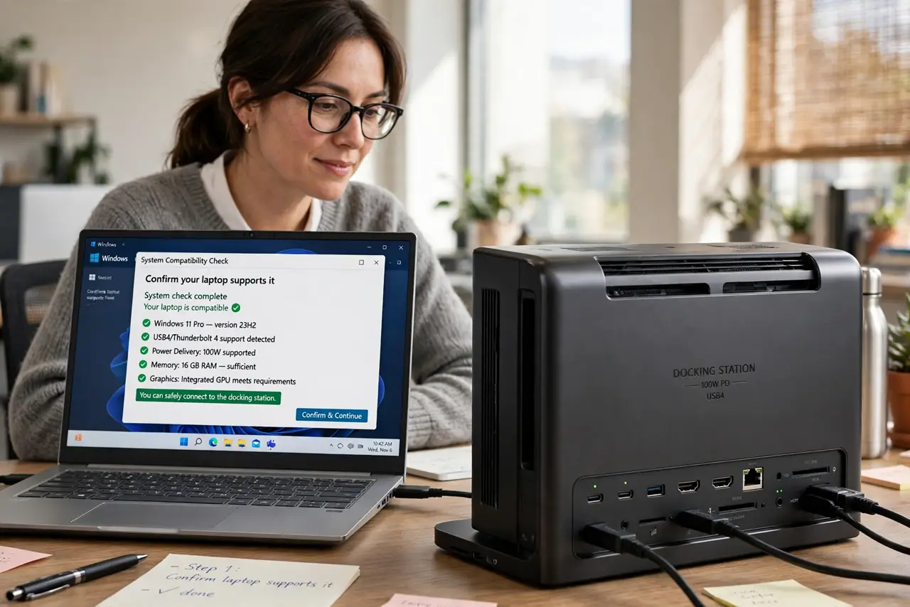 A person calmly performing the guide's first step: Confirm your laptop supports it.