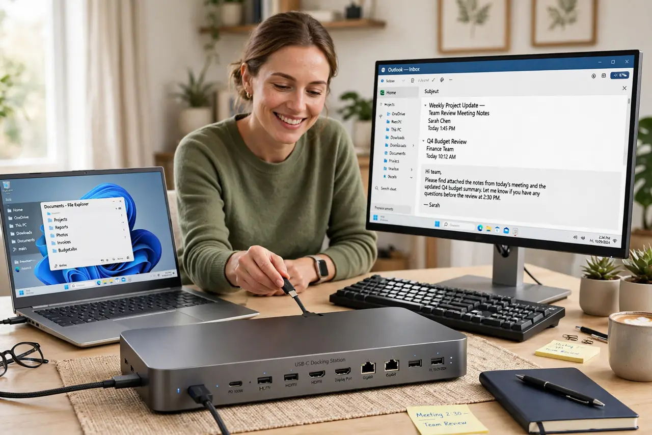 a person plugging a single real USB-C cable from a real laptop into a real docking station on a clean desk, a real monitor and keyboard connected, the person's face satisfied, home.
