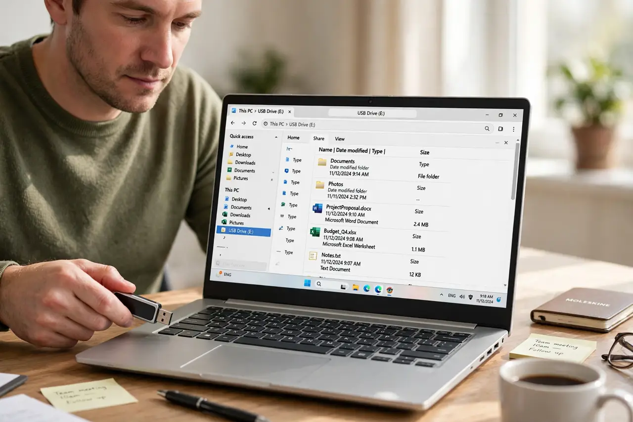 A calm adult plugging a USB flash drive directly into a different port on a Windows laptop.