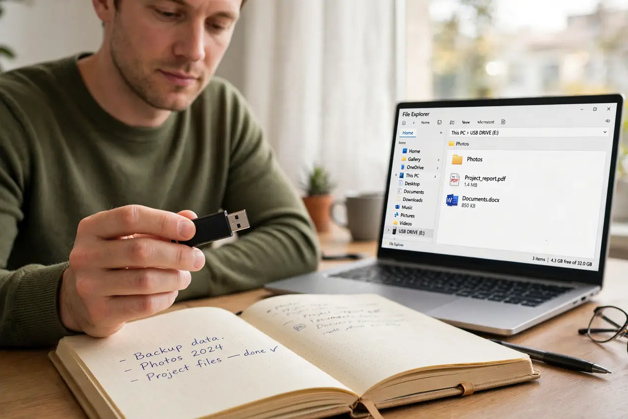 A calm adult at a desk holding a USB flash drive next to a Windows laptop with File Explorer open.