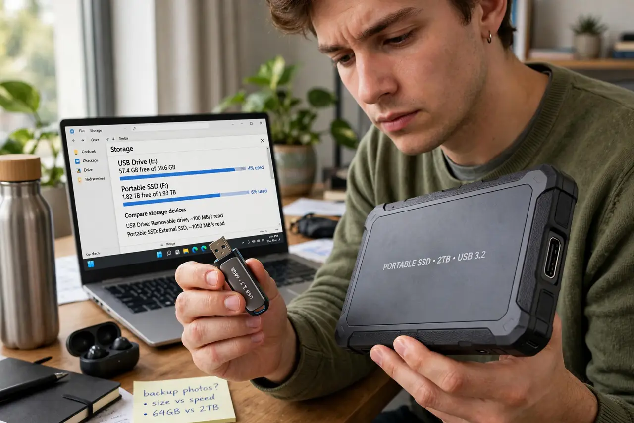 a person holding a real USB flash drive in one hand and a real portable SSD in the other, comparing them on a desk, a laptop nearby, the person's face thoughtful. No black screen, .