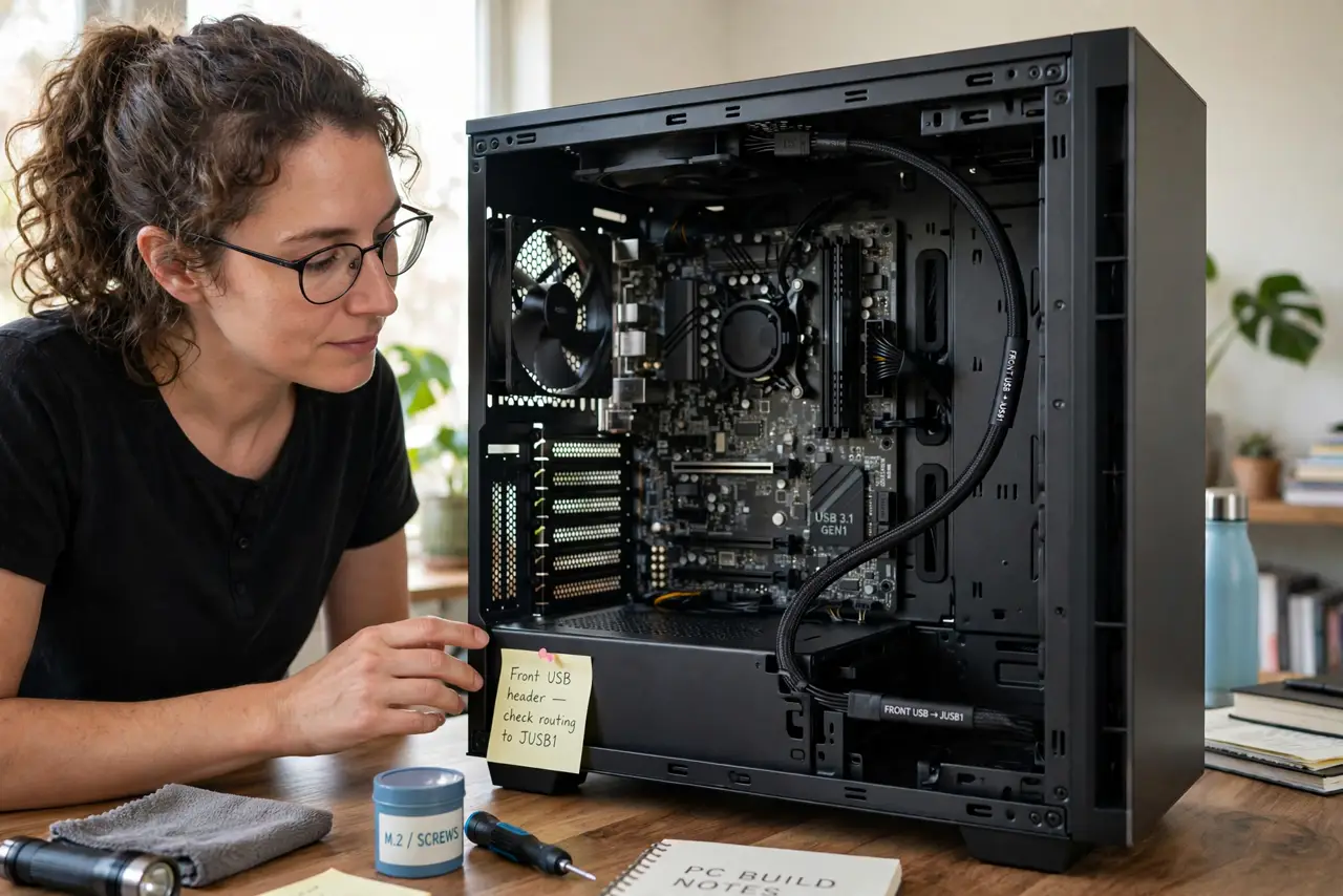 A person performing the first step: Understand the internal cable run. Front ports connect to the motherboard through a.