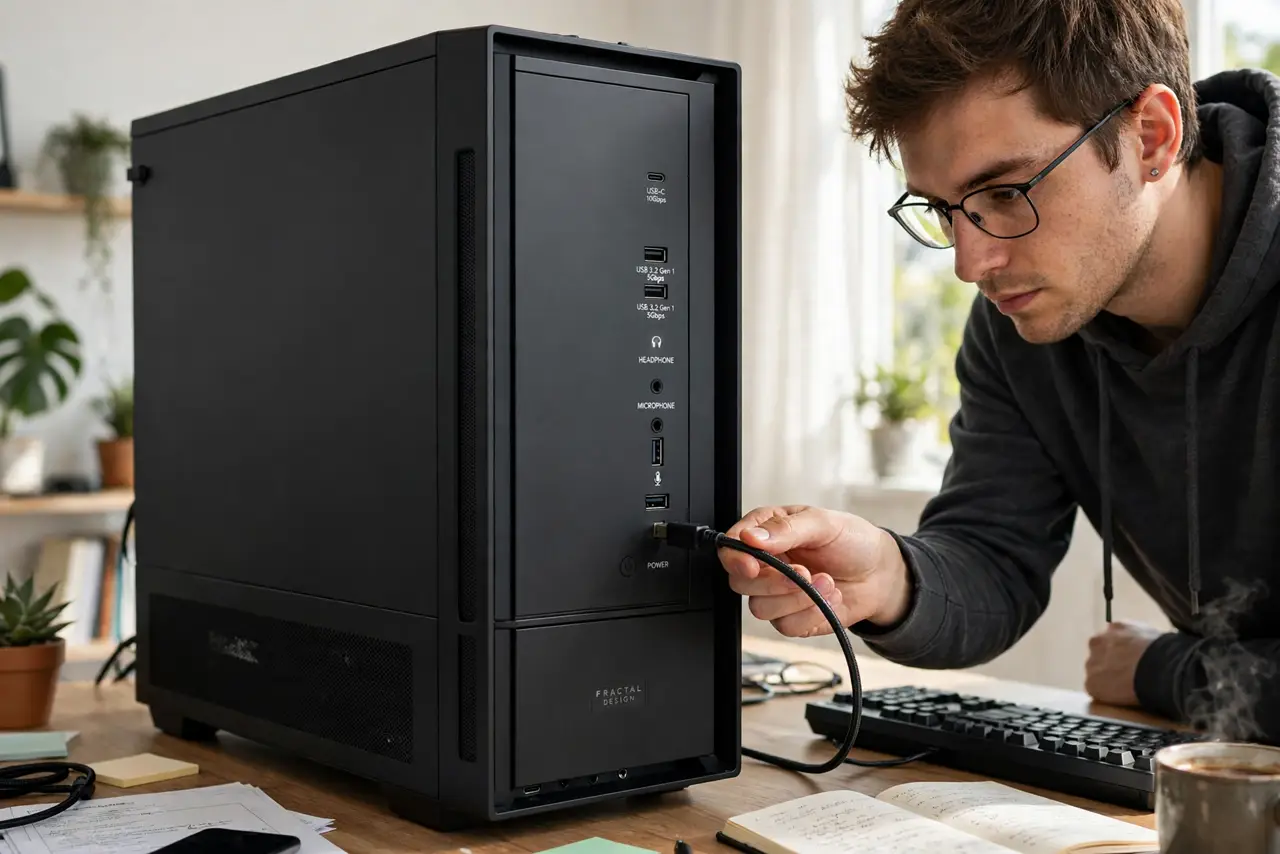 A person plugging a real USB cable into the front panel ports of a desktop PC tower, the ports clearly visible, the