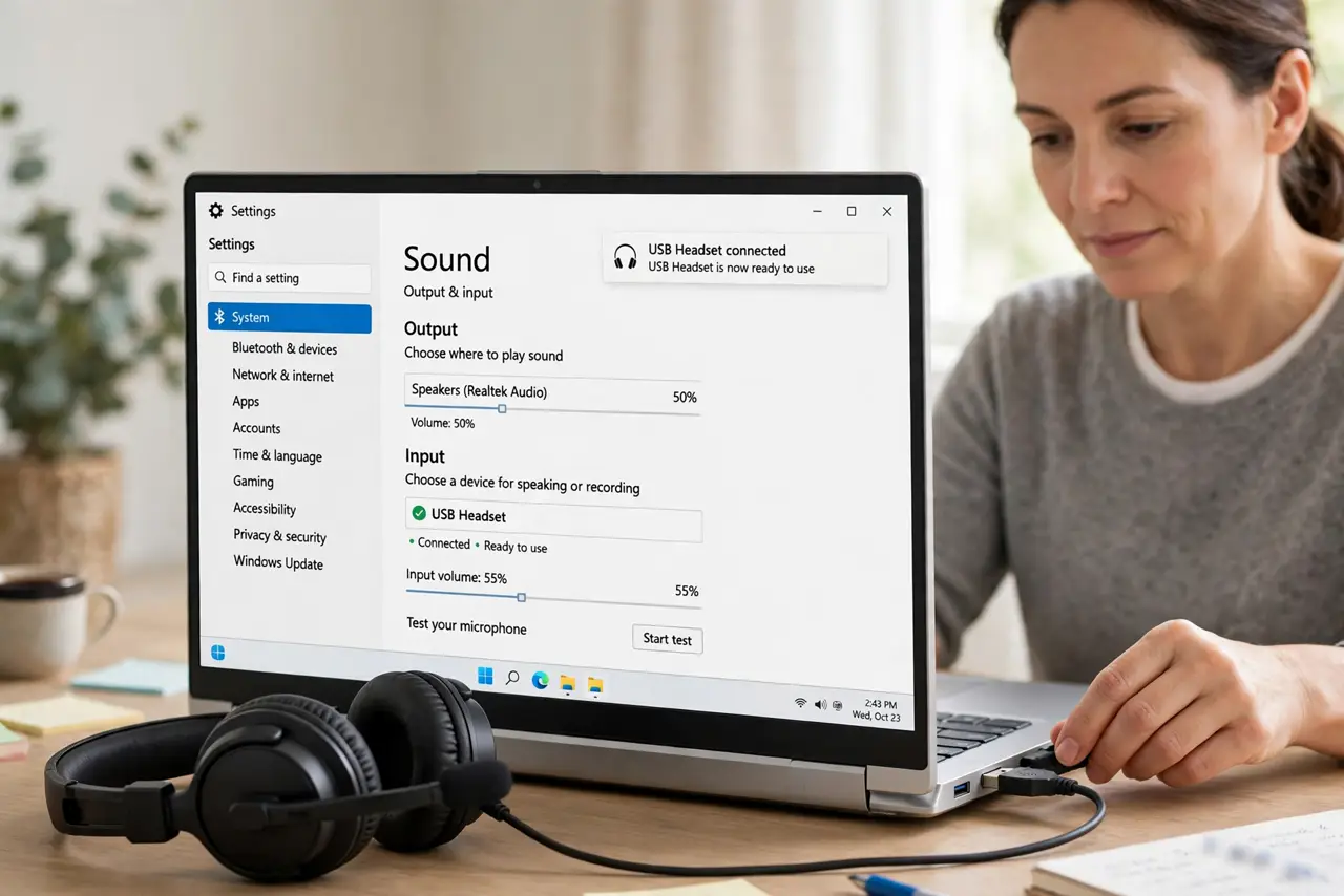 A calm adult plugging a real USB headset into a laptop, the laptop screen showing sound settings with legible text, the person watching for the device to appear.