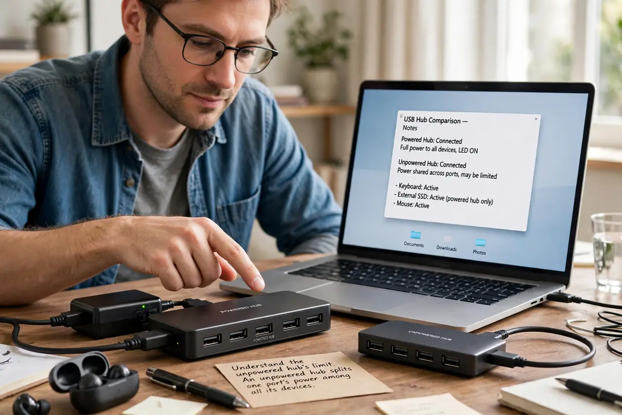 A person performing step 1 of the guide: Understand the unpowered hub's limit. An unpowered hub splits one port's power among all its devices. A computer USB port offers limited...