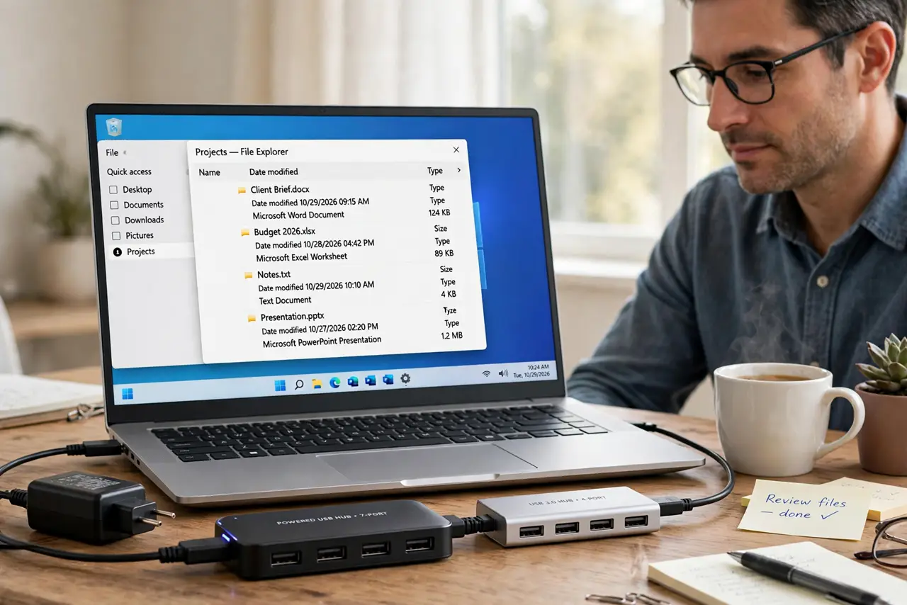 a calm adult at a desk with a real powered USB hub with its power adapter and a real unpowered hub side by side, both connected to a laptop showing a normal desktop with legible text