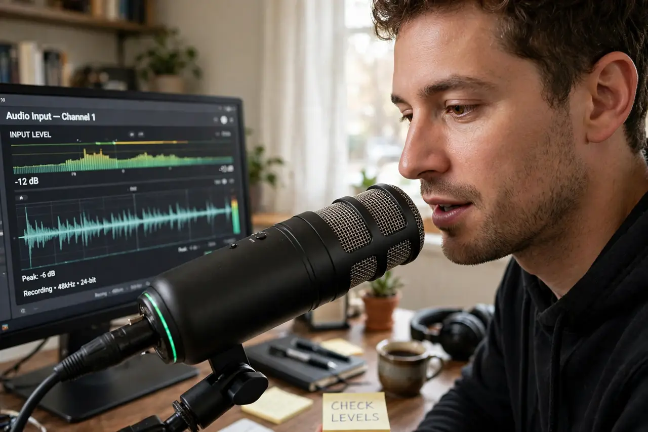 Photoreal photo of a person performing the first step: Get close to the microphone. A hand's width — 6 to 8 inches — is the sweet spot for most USB...