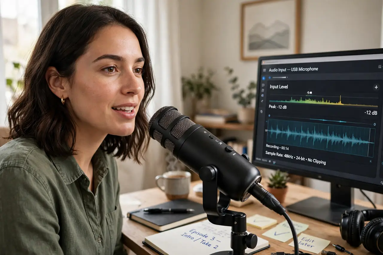 Photoreal photo: a person speaking into a real USB microphone on a desk at close range, a real monitor showing audio input levels, the person's face focused, home office. No black screen, no blank white screen, no ...