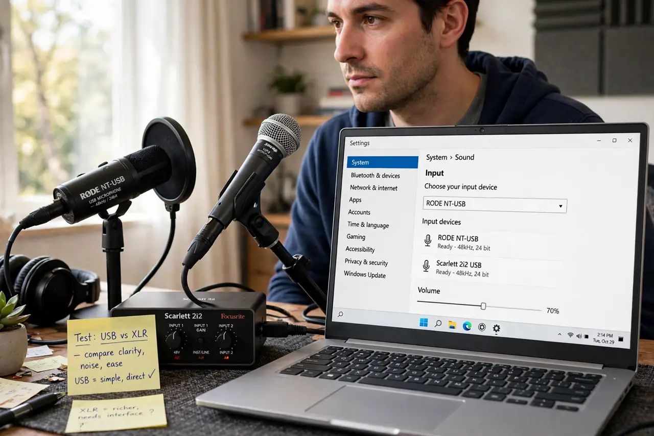 a person comparing a real USB mic and a real XLR mic with an audio interface on a desk, both with legible labels, the person's face deciding, home studio.