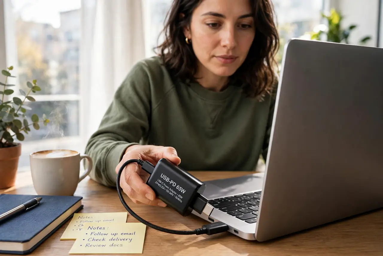 A person plugging a real USB-C charger into a real laptop, the charger's USB-PD label legible, the person's face
