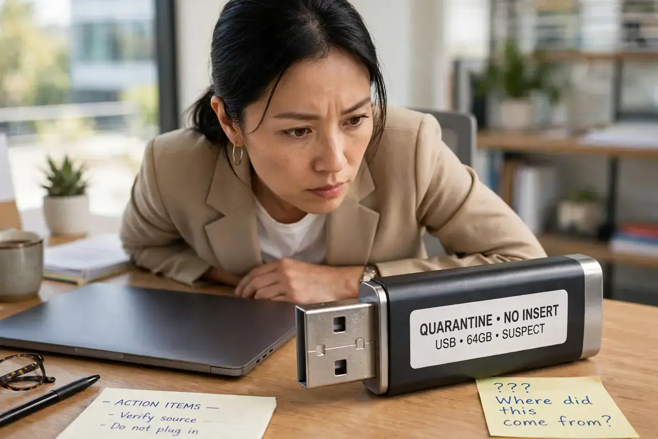Found a USB Stick — a cautious adult at a desk looking at a real USB stick lying on the desk next to a closed laptop, the person's