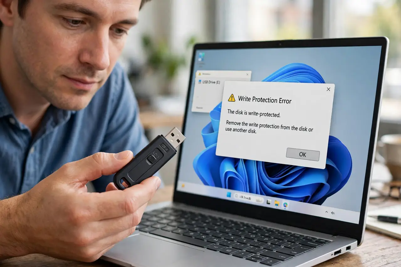 A calm adult examining a real USB flash drive closely, checking for a tiny lock switch, a computer screen showing the write-protection error with legible text.