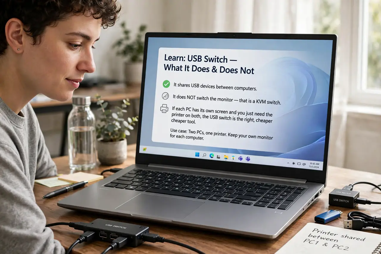 A person performing the first step of the guide: Learn what a USB switch does — and does not. It shares USB devices between computers. It does NOT switch the.