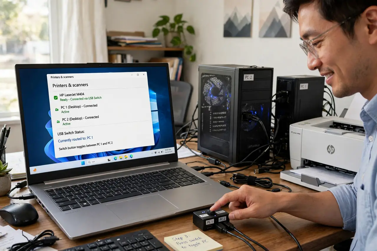 A person pressing the button on a small real USB switch box on a desk, with two real PCs and one real printer beside it, cables visible, the person's.