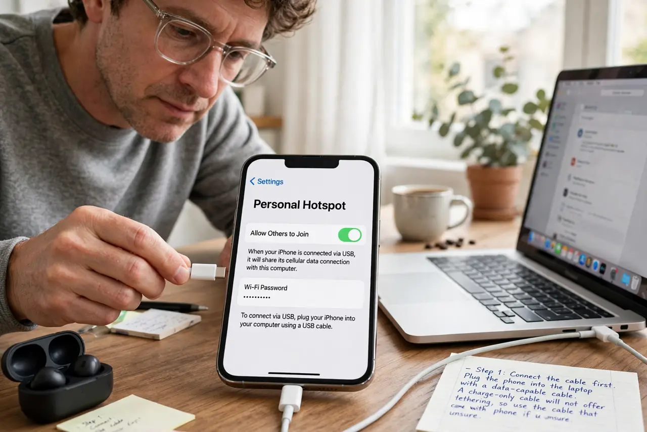 A person performing step 1 of the guide: Connect the cable first. Plug the phone into the laptop with a data-capable cable. A charge-only cable will not offer tethering, so use the cable that came with the phone if unsure...