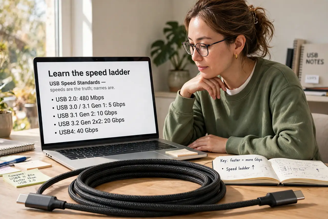 A person performing step 1: Learn the speed ladder. USB 2.0: 480 Mbps. USB 3.0/3.1 Gen 1: 5 Gbps. USB 3.1 Gen 2: 10 Gbps. USB 3.2 Gen 2x2:.