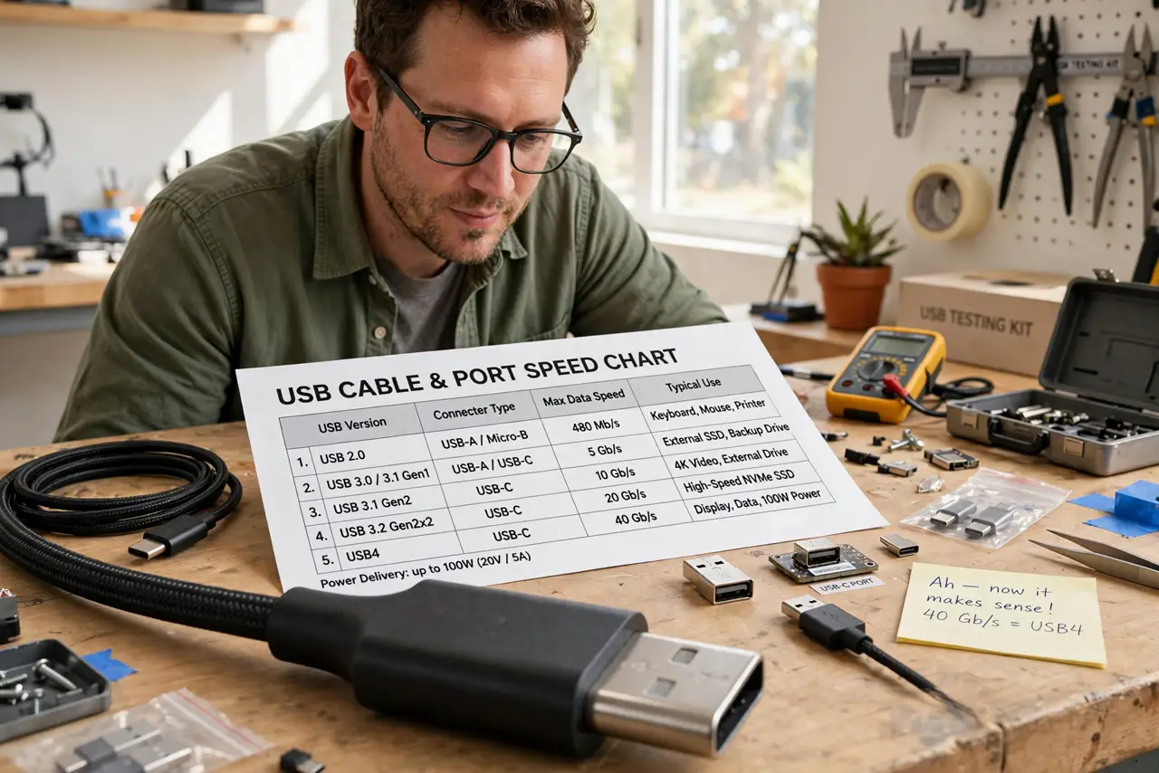 A person at a workbench comparing real USB cables and ports with a printed speed chart beside them showing legible numbers, the person's face finally understanding, bright room.