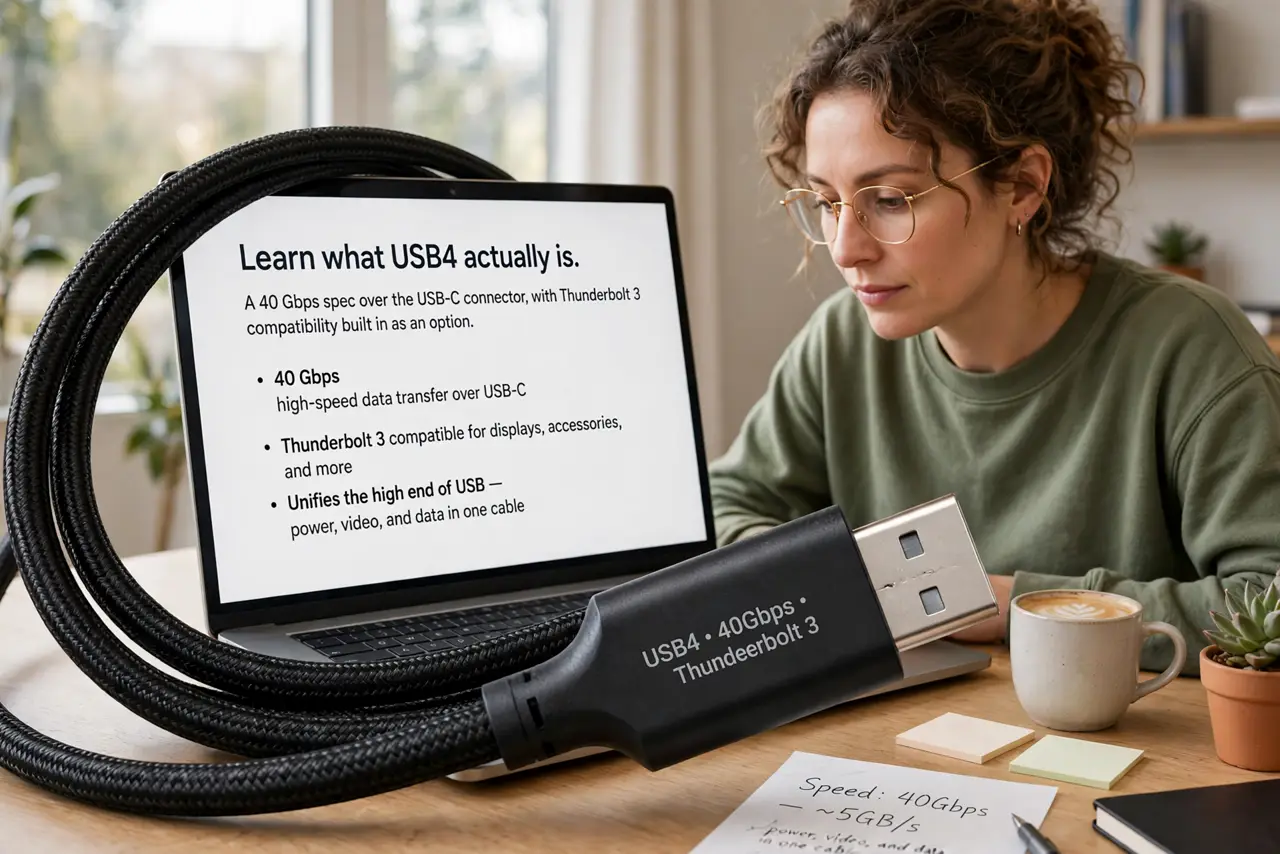 A person performing step 1: Learn what USB4 actually is. A 40 Gbps spec over the USB-C connector, with Thunderbolt 3 compatibility built i.