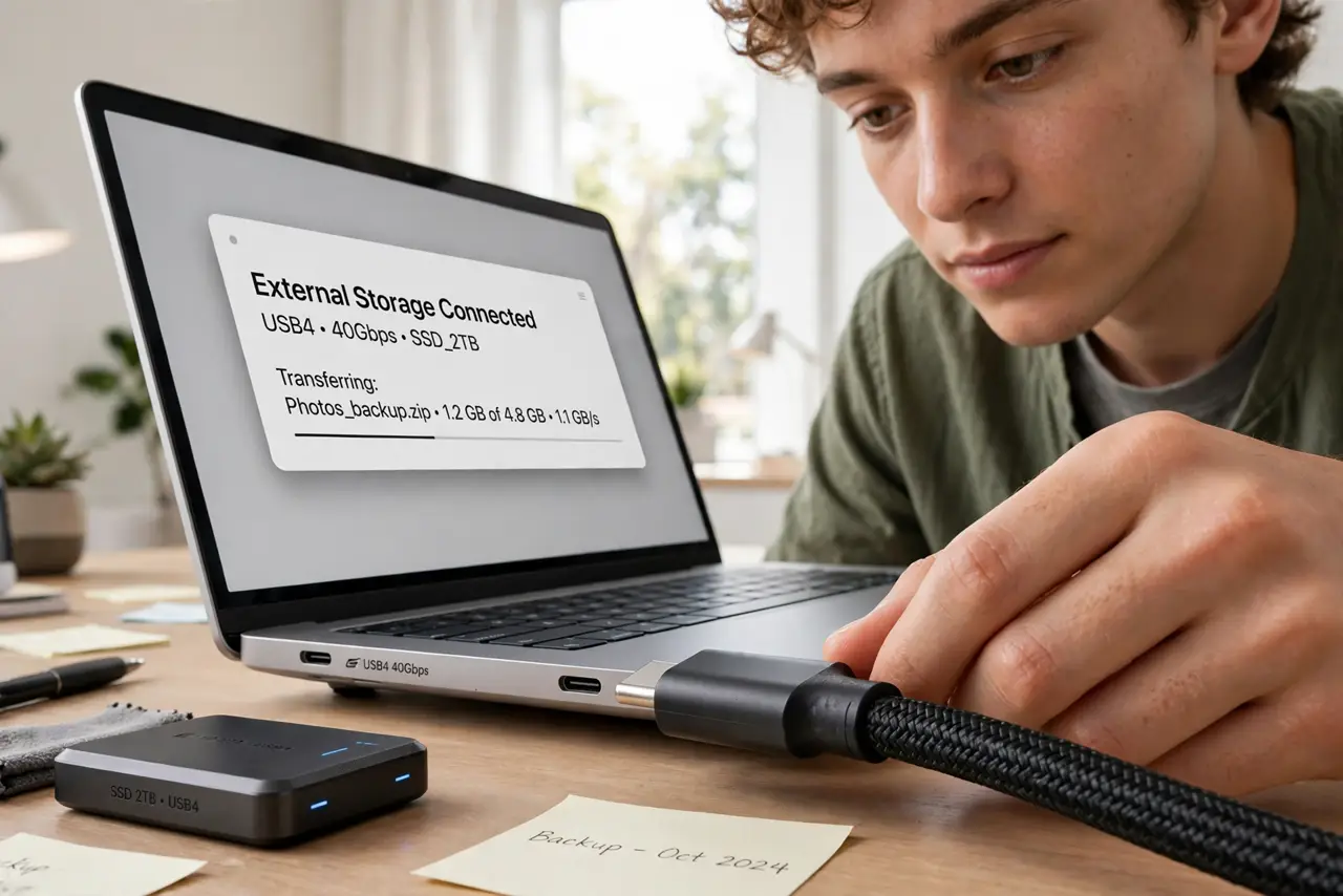 A person plugging a real USB-C cable into a modern laptop with a USB4 port, the port marking visible and legible, a fast external SSD on the desk,.