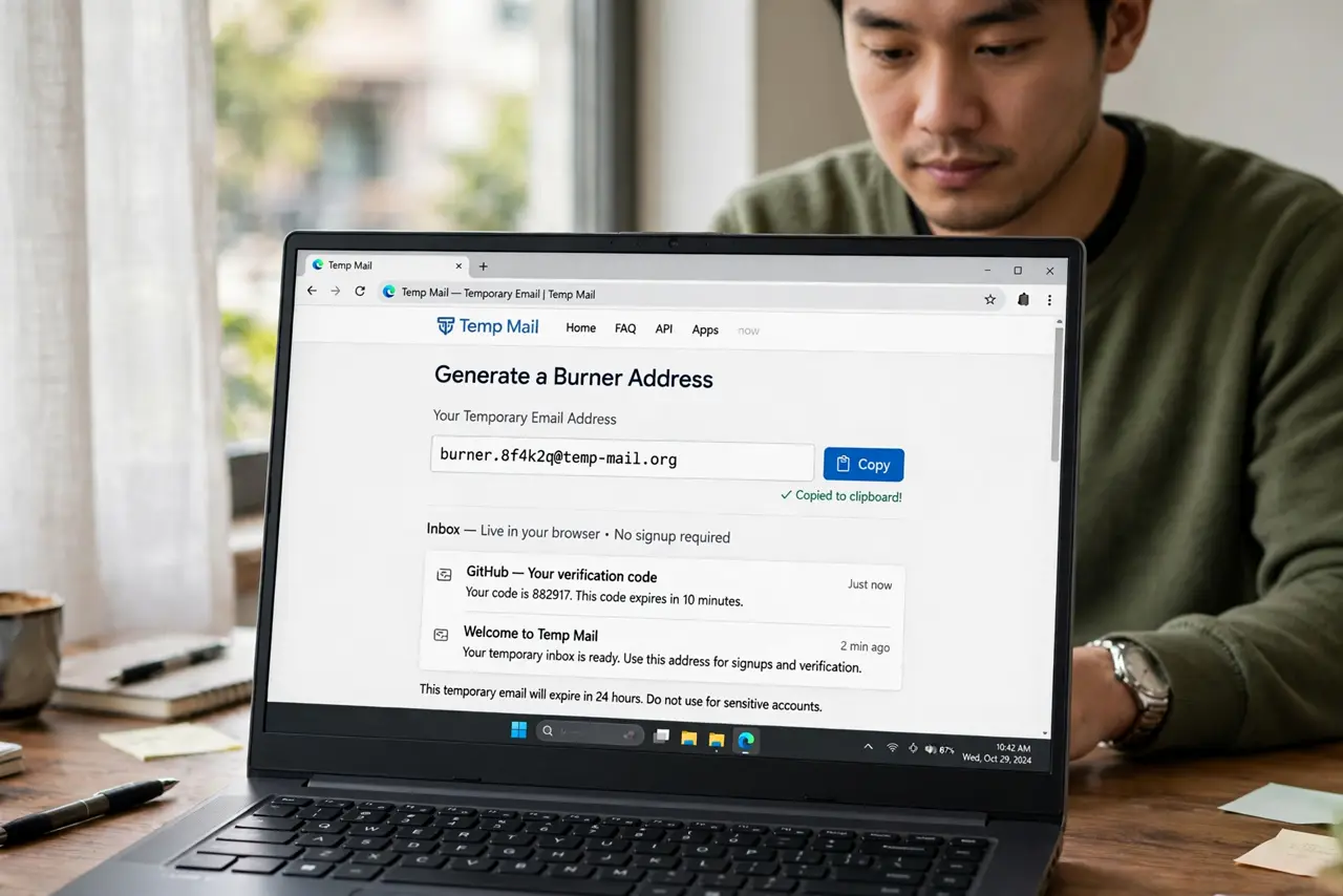 A person performing step 1: Generate a burner address. Open a reputable temporary-mail service and copy the generated address — no signup .