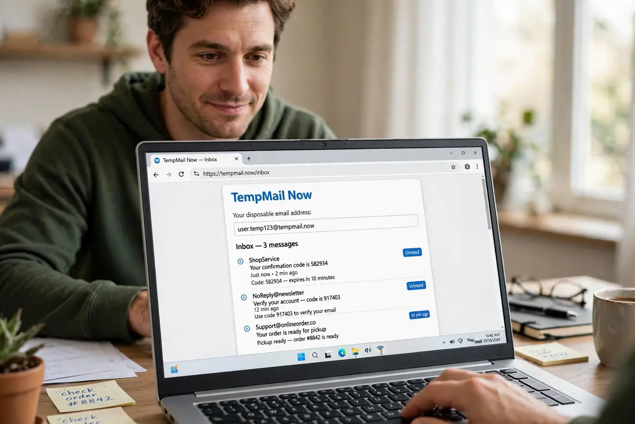 A person at a desk typing on a real laptop showing a temporary email inbox with a disposable address legible on screen, the person's face amused and cautious,.