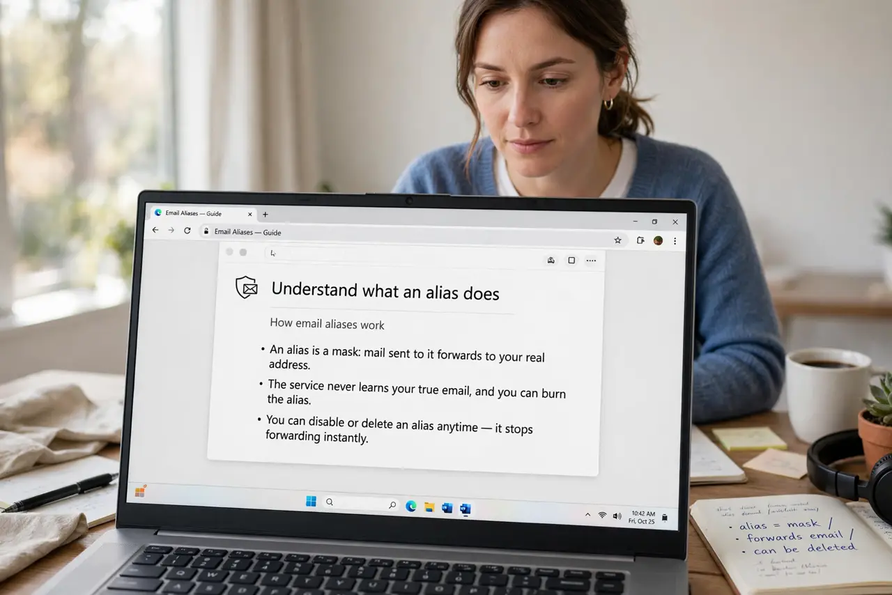 A person performing step 1: Understand what an alias does. An alias is a mask: mail sent to it forwards to your real address. The service .