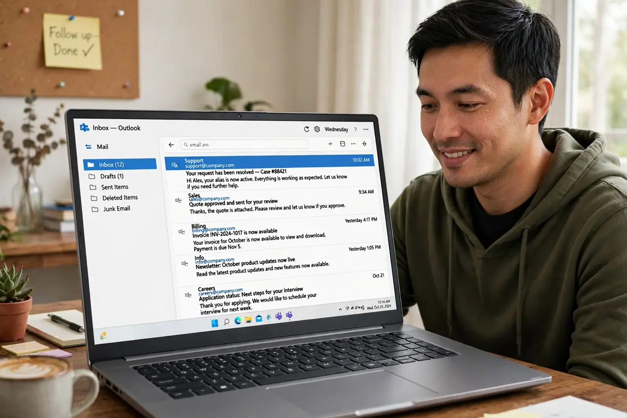 A person at a desk viewing a real email inbox on a laptop with several aliased addresses legible in the message list, the person's face satisfied, home office.
