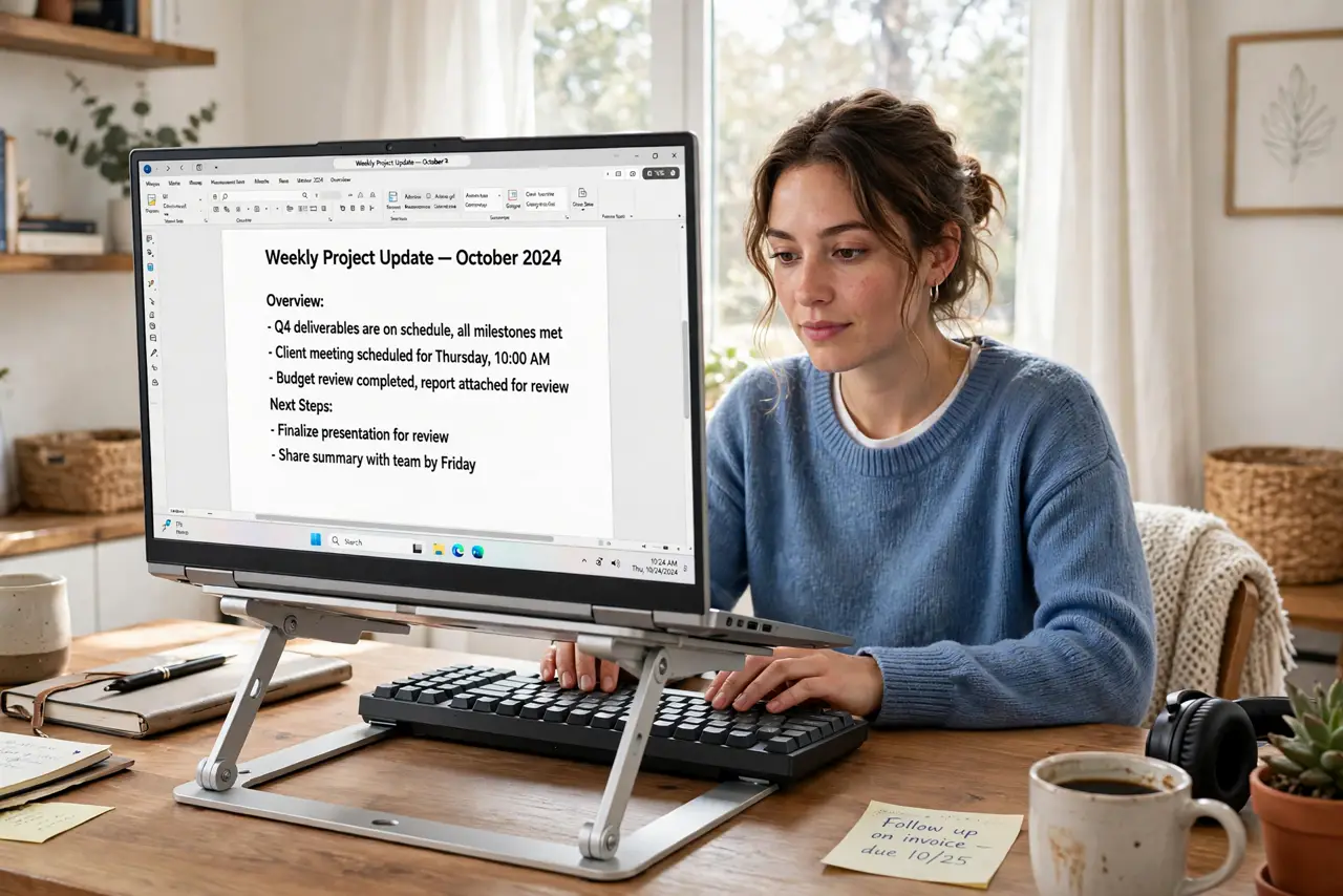 a person working at a real laptop raised on a real aluminum laptop stand on a desk, screen at eye level with legible text, external keyboard in front, the person's posture upright .