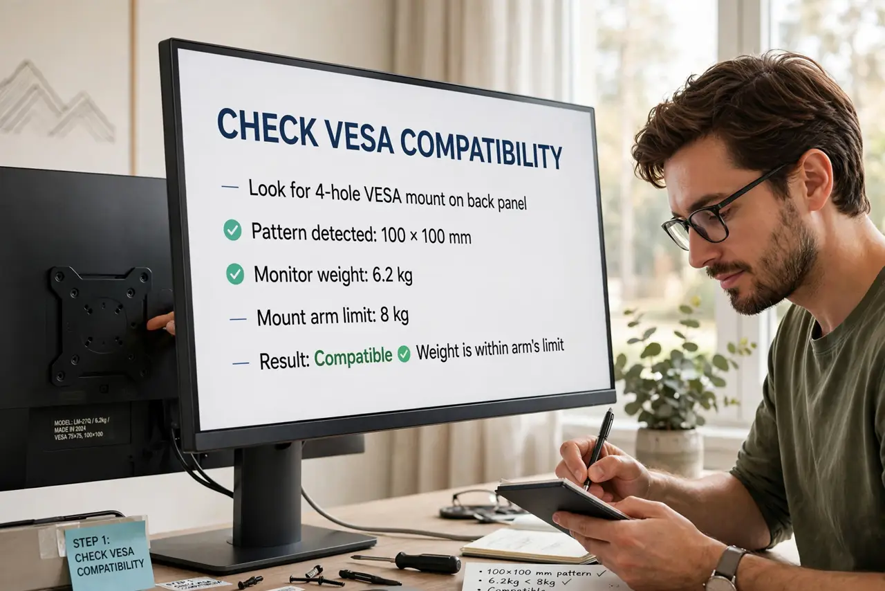 A person performing step 1: Check VESA compatibility. Look at the back of your monitor for the four-hole VESA pattern (usually 75x75 or 10.
