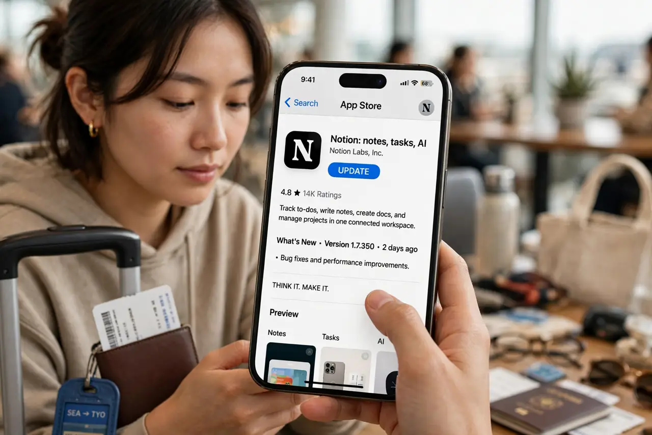 Photoreal photo of a person performing the first step: Update the app before your trip. Install the latest Notion version while you have good internet