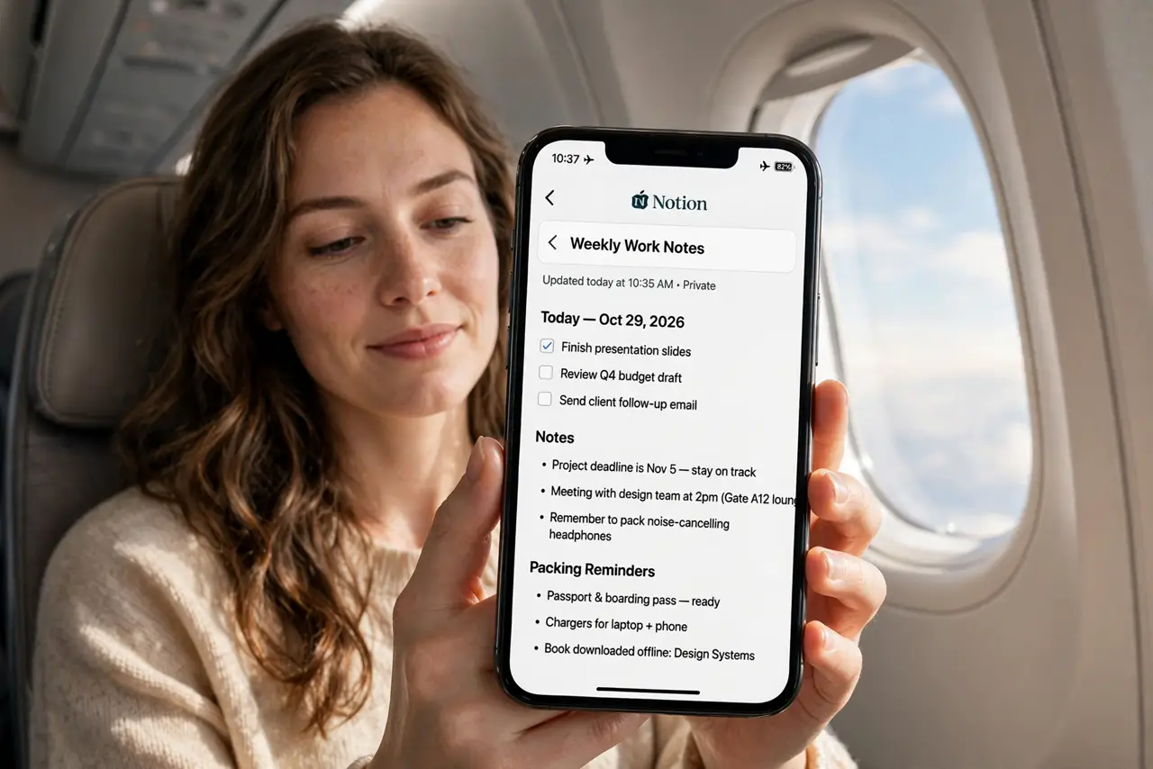 Photoreal photo: a person reading a real phone showing the Notion app with a legible page open, airplane mode icon visible in the status bar, the person's face calm, airplane cabin. No black screen, no blank white screen, no fake or g