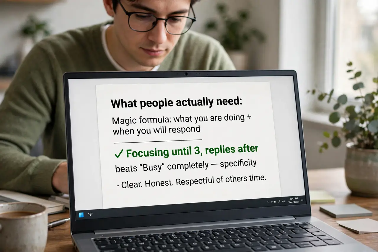A person performing step 1: Write what people actually need. The magic formula: what you are doing + when you will respond. 'Focusing unti.
