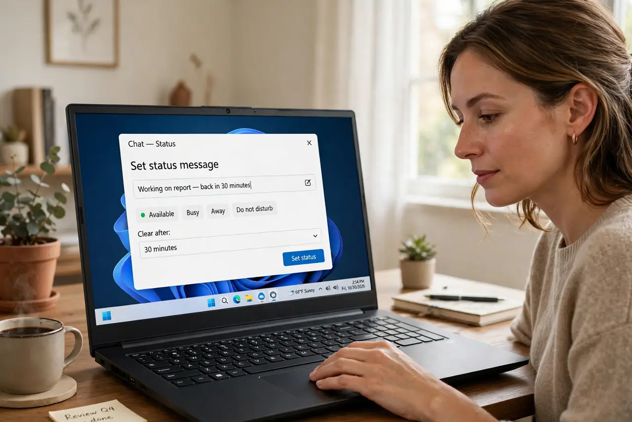 A person setting a real chat app status message on a laptop with legible text, the person's face calm and deliberate, home office.