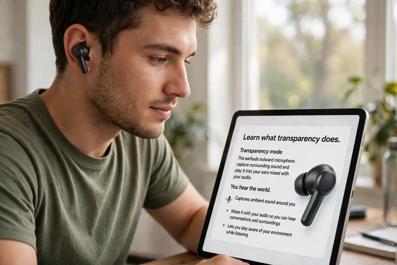 A person performing step 1: Learn what transparency does. The earbuds' outward microphones capture surrounding sound and play it into your.