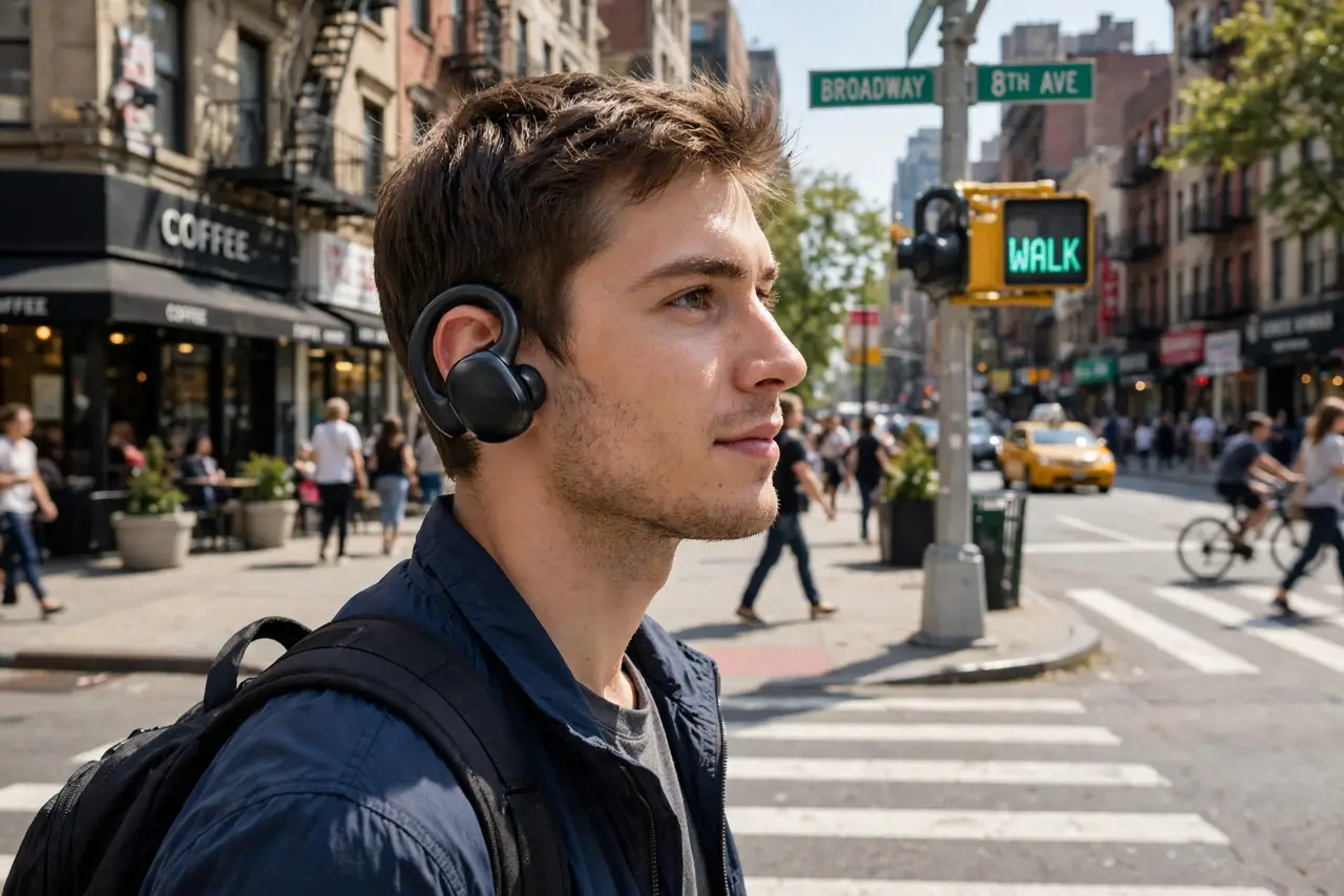 A person walking on a city street wearing real earbuds, aware and looking both ways at a crosswalk, the city alive around them, the person's face alert and.
