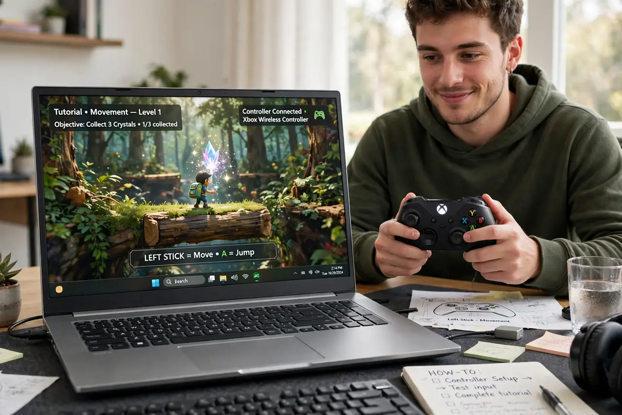 a person holding a real Xbox controller while a real PC monitor shows a game responding to the controller input, the person's face pleased, gaming desk.