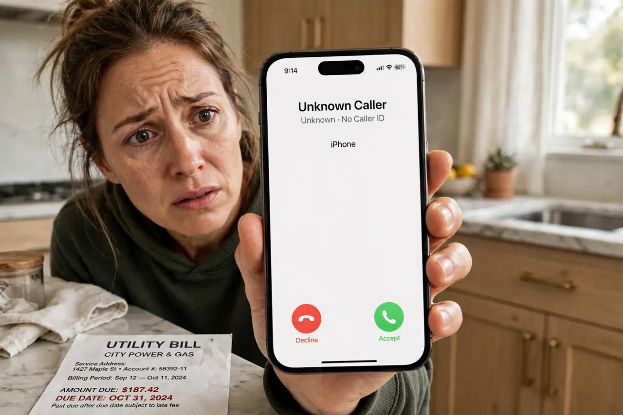 A worried homeowner holding a real phone showing an unknown caller fully legible, a utility bill on the kitchen counter, the person's face stressed, kitchen.